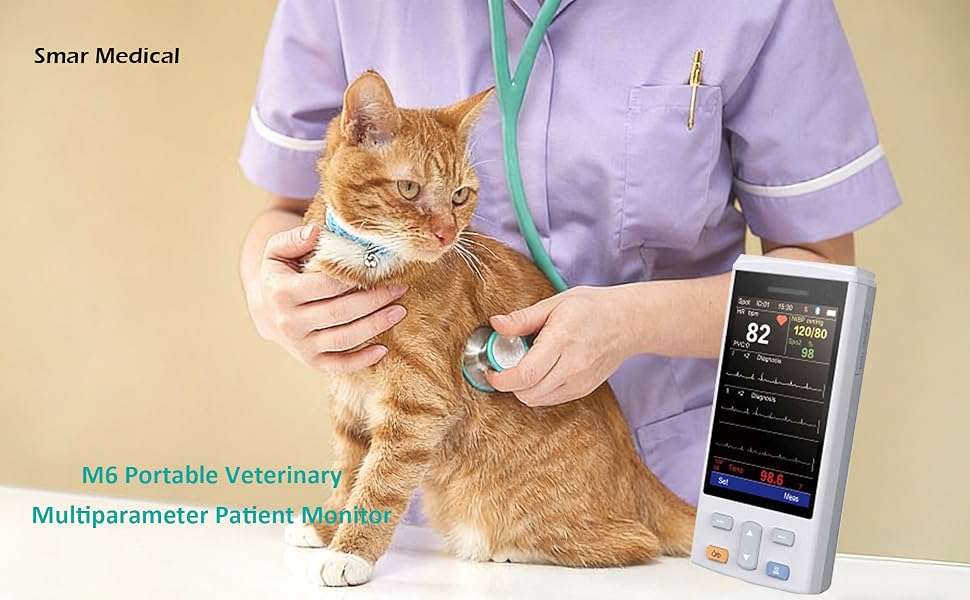 Monitor Veterinario Portátil M6 de 5 Parámetros (ECG, SpO2, NIBP, TEMP) | Pantalla 4.3" y Batería 8 Horas | Puños y Sensores Multiespecie.
