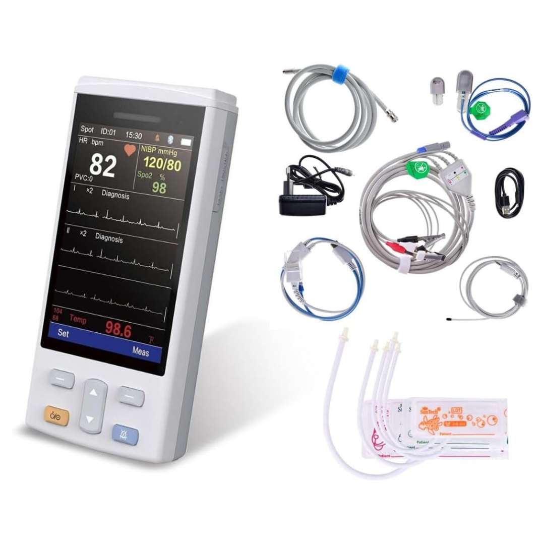 Monitor Veterinario Portátil M6 de 5 Parámetros (ECG, SpO2, NIBP, TEMP) | Pantalla 4.3" y Batería 8 Horas | Puños y Sensores Multiespecie.