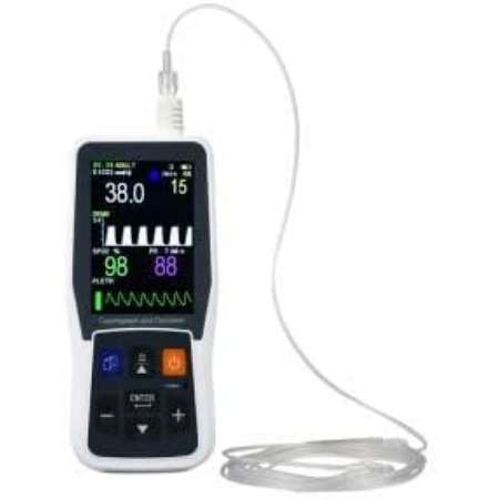 Monitor Veterinario Portátil 3.5" para Emergencias. Mide EtCO2 (Capnografía), SpO2 (Saturación) y Frecuencia Cardíaca (PR). Uso en animales intubados y no intubados.