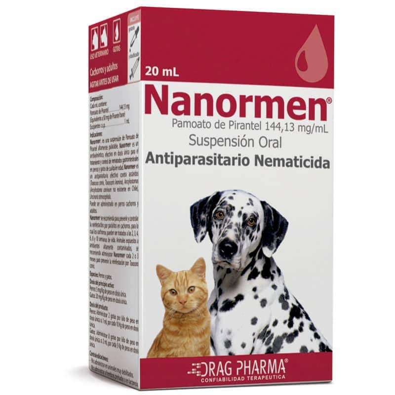 Antiparasitario Nanormen Drag Pharma Suspensión Oral 20 mL. Pamoato de Pirantel para nemátodos gastrointestinales en perros y gatos.