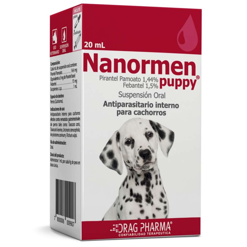 Antiparasitario Nanormen Puppy Drag Pharma Suspensión Oral con Pamoato de Pirantel y Febantel. Control de nemátodos gastrointestinales en cachorros.