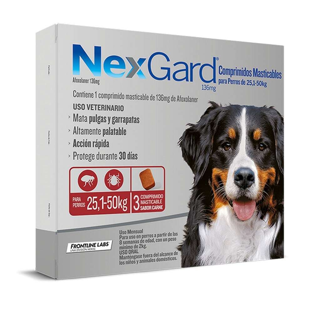 NexGard 136 mg 3 Comprimidos. Antiparasitario para perros grandes 25-50 kg, pack de 3.
