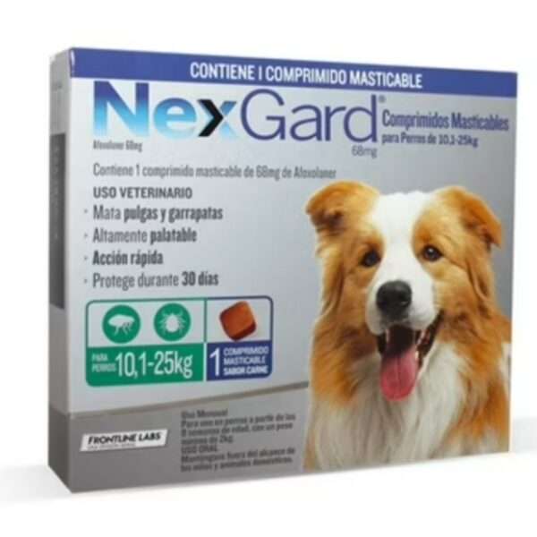 NexGard 68 mg 1 Comprimido. Antiparasitario para perros 10-25 kg, pulgas, garrapatas y ácaros.