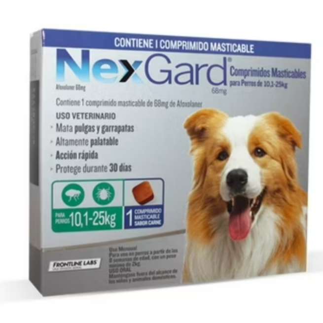 NexGard 68 mg 1 Comprimido. Antiparasitario para perros 10-25 kg, pulgas, garrapatas y ácaros.