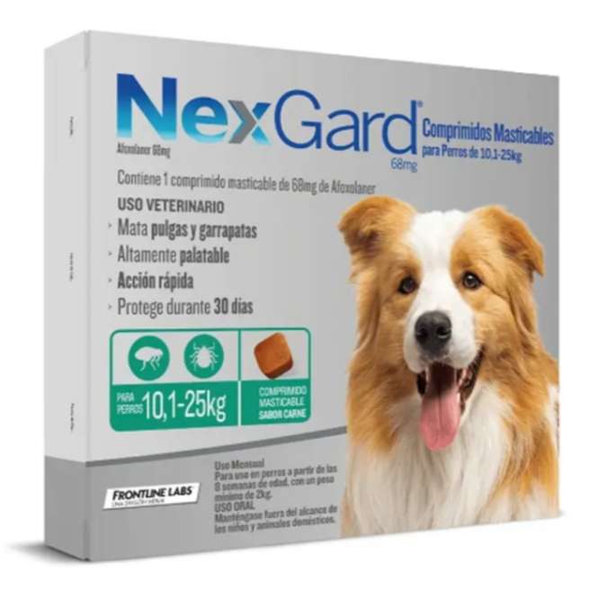 NexGard 68 mg 3 Comprimidos. Antiparasitario para perros 10-25 kg, pack de 3 dosis.