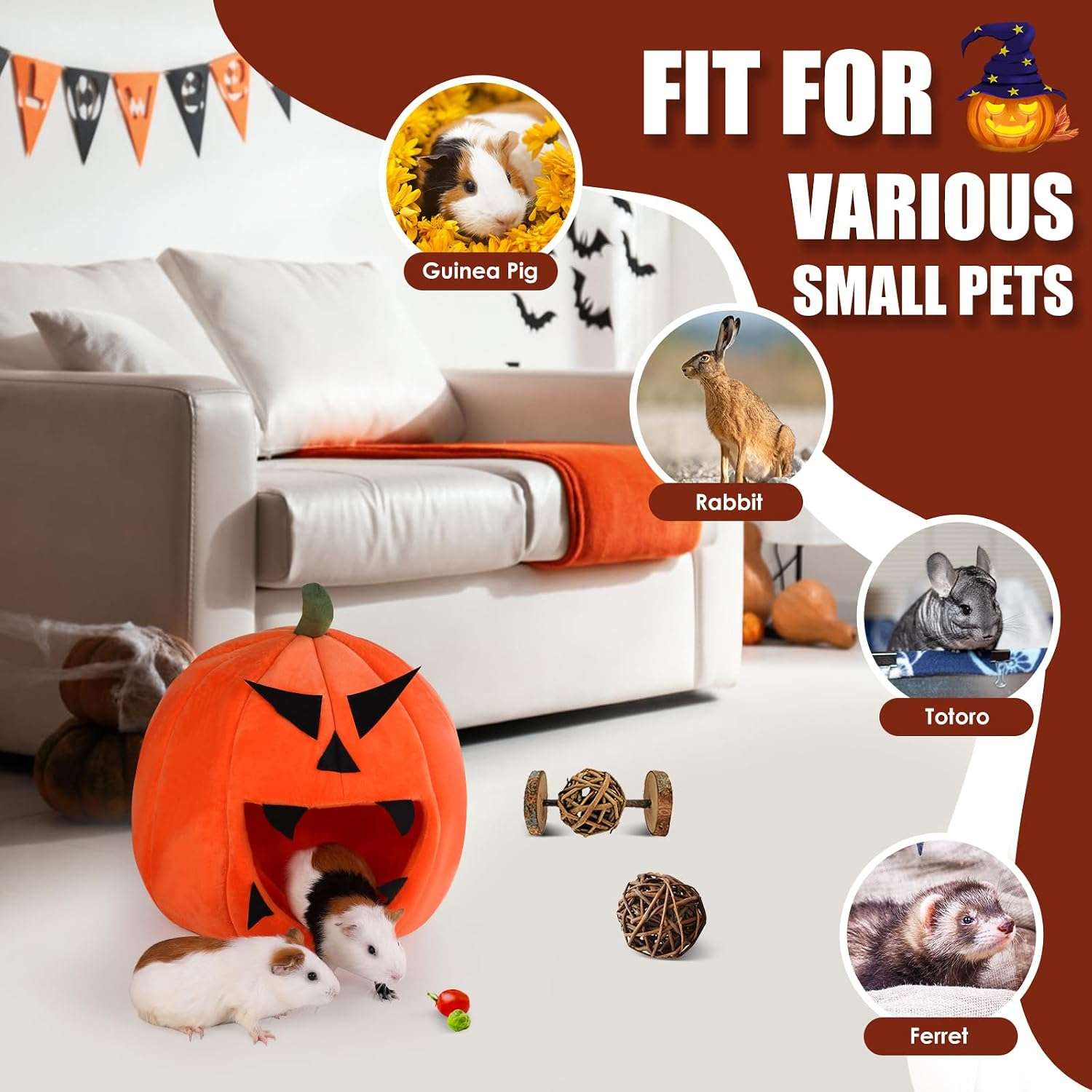 Nido Iglú Calabaza XL (12.6") para Cobaya (Cuy), Hurón y Conejo Enano. Cama súper cálida, lavable con almohada extraíble.