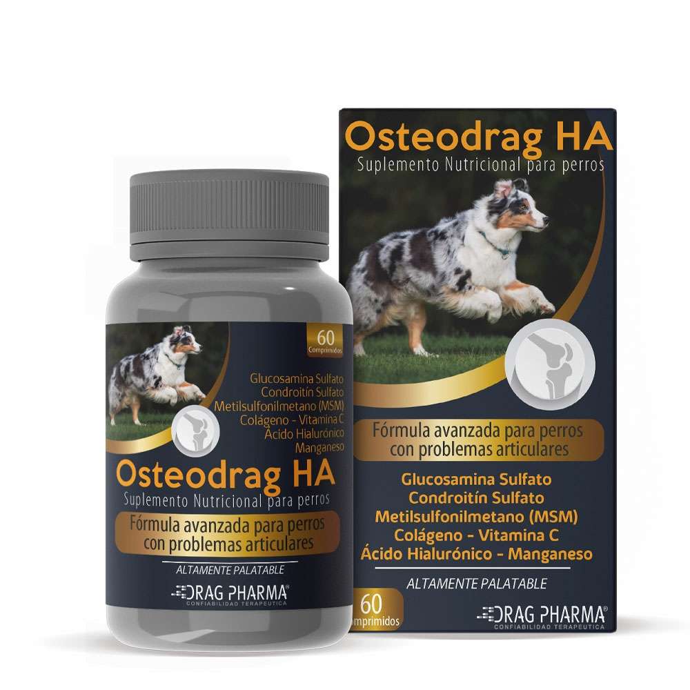 Suplemento Osteodrag HA para perros con glucosamina, condroitina y ácido hialurónico. Mejora la movilidad y soporte articular.