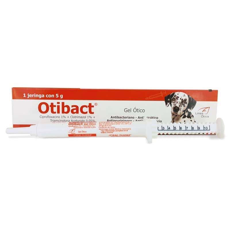Otibact Gel Ótico para perros, contiene ciprofloxacino, clotrimazol y triamcinolona. Tratamiento triple acción para otitis externa aguda y crónica.