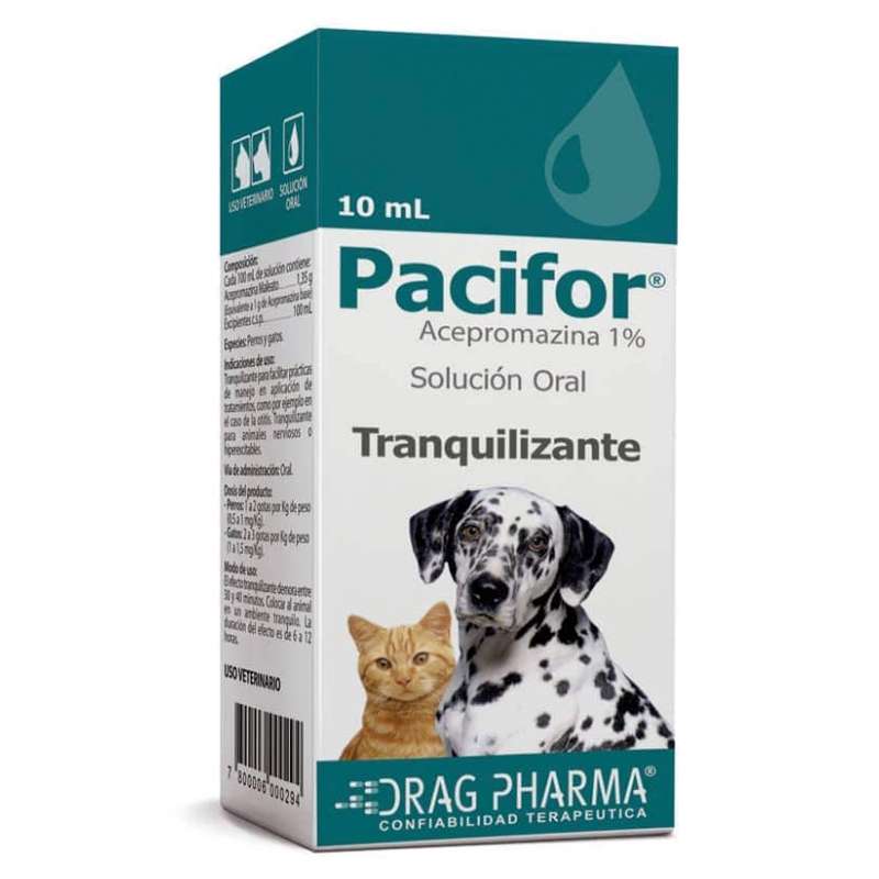 Pacifor Solucion Oral 1% (Acepromazina). Tranquilizante y sedante en gotas para manejo de perros y gatos nerviosos.