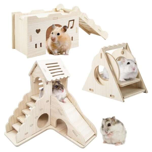 Pack 4 Accesorios de Madera Natural para Hámster Enano y Jerbo. Incluye 2 Casas Refugio de diferentes estilos, Columpio y Plataforma segura.