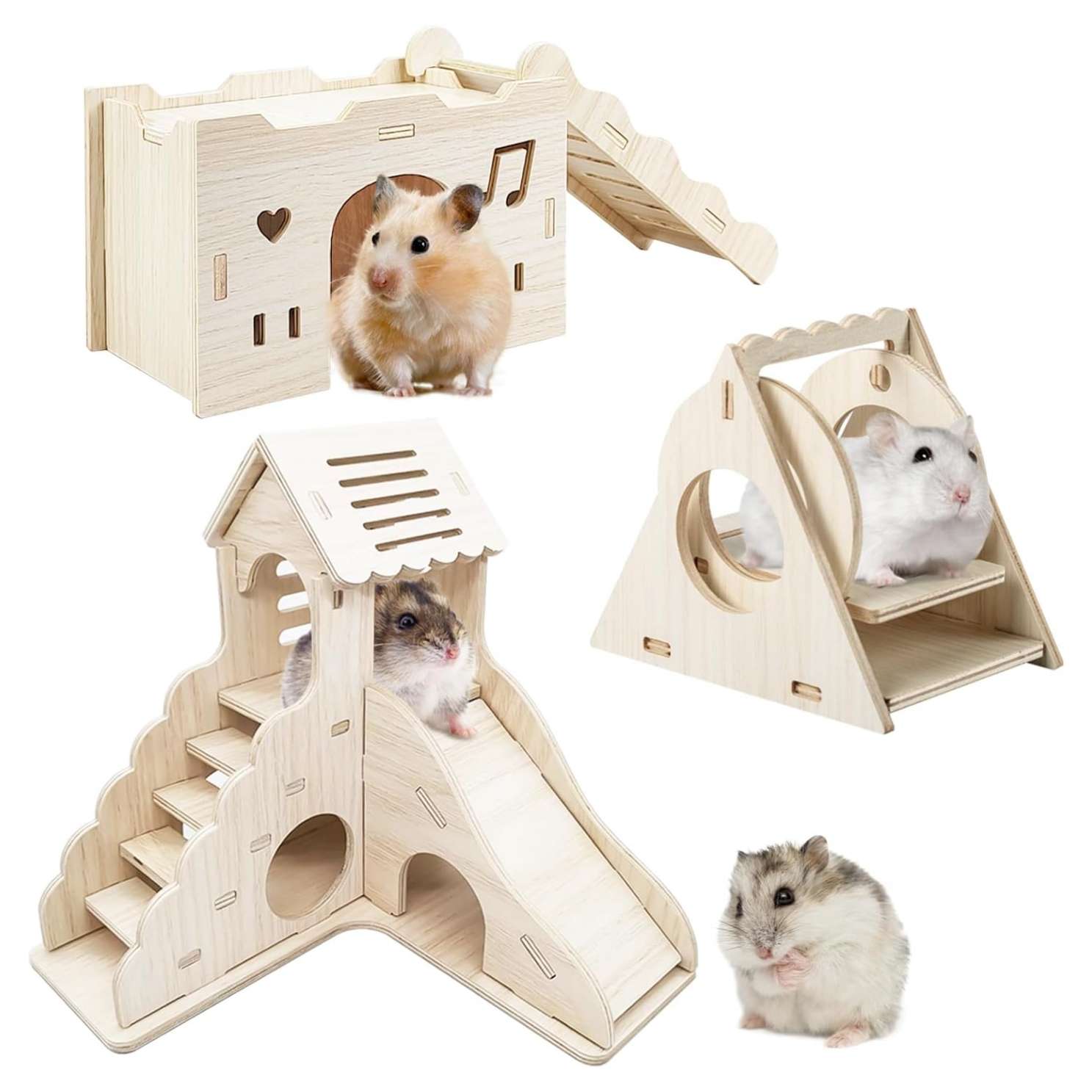 Pack 4 Accesorios de Madera Natural para Hámster Enano y Jerbo. Incluye 2 Casas Refugio de diferentes estilos, Columpio y Plataforma segura.