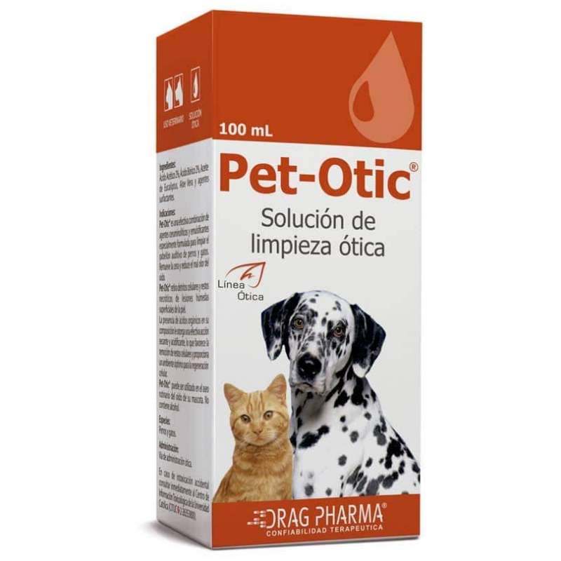 Pet-Otic Solucion Otica 100 mL. Limpiador de oidos para perros y gatos. Elimina cera, reduce mal olor. Con Acido Borico y Aloe Vera.