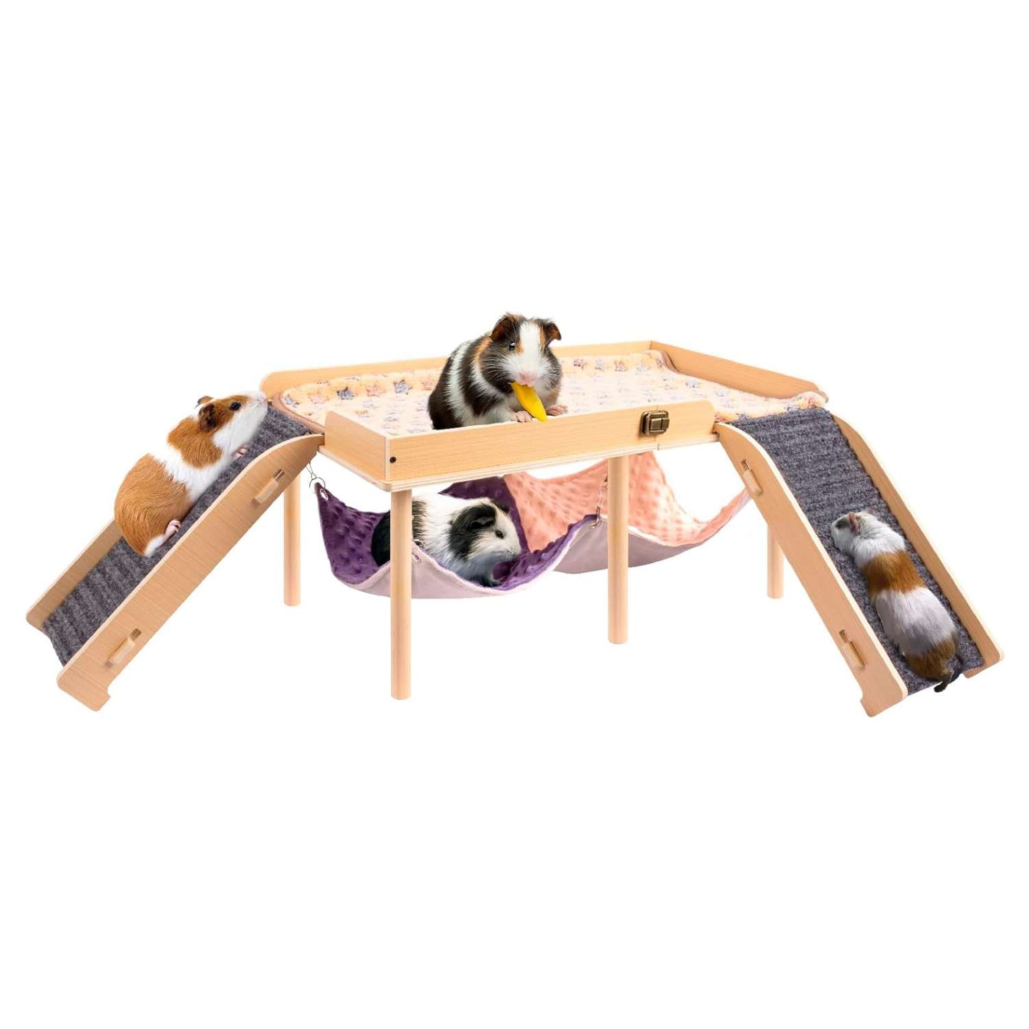 Plataforma Grande para Cuy (60x33 cm). Hamaca 2 en 1, Escaleras de Fieltro seguras y Diseño Plegable. Ideal para Roedores Grandes.