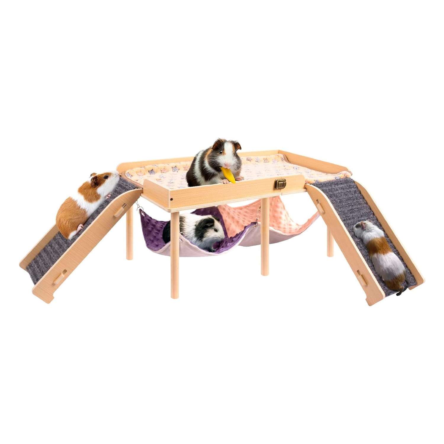 Plataforma Grande para Cuy (60x33 cm). Hamaca 2 en 1, Escaleras de Fieltro seguras y Diseño Plegable. Ideal para Roedores Grandes.