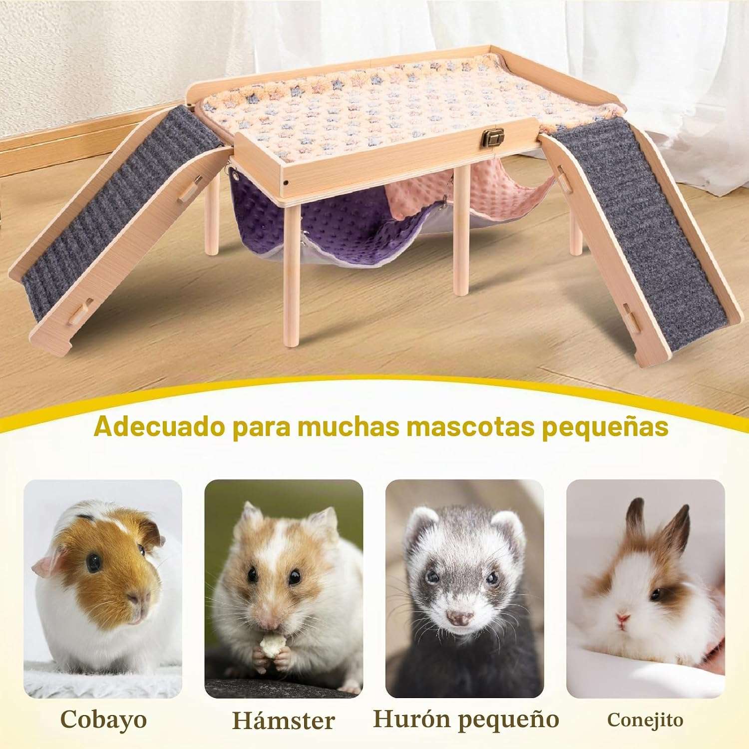Plataforma Grande para Cuy (60x33 cm). Hamaca 2 en 1, Escaleras de Fieltro seguras y Diseño Plegable. Ideal para Roedores Grandes.