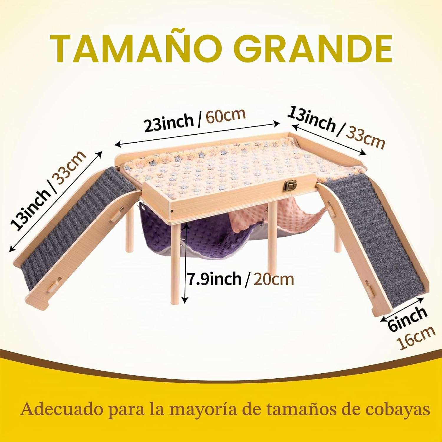 Plataforma Grande para Cuy (60x33 cm). Hamaca 2 en 1, Escaleras de Fieltro seguras y Diseño Plegable. Ideal para Roedores Grandes.