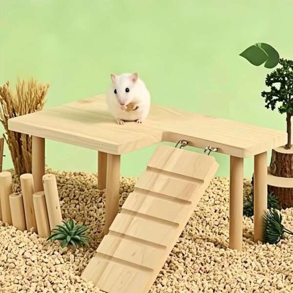 Plataforma de Madera Natural (28x17x13 cm) para Hámster, Jerbo y Ratones. Repisa no tóxica para jaula, ideal para ubicar bebedero y comedero.