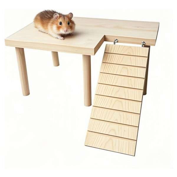 Plataforma de Madera Natural (28x17x13 cm) para Hámster, Jerbo y Ratones. Repisa no tóxica para jaula, ideal para ubicar bebedero y comedero.