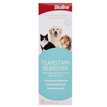 Bioline Tearstain Remover. Solucion para eliminar suavemente las manchas lagrimales y de saliva en perros, gatos y conejos.