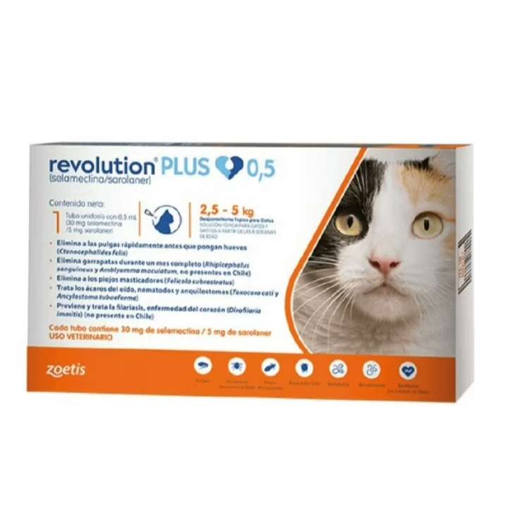 Revolution Plus 0.5 ml. Pipeta gatos 2.5-5 kg. Antiparasitario para pulgas, garrapatas y gusanos.