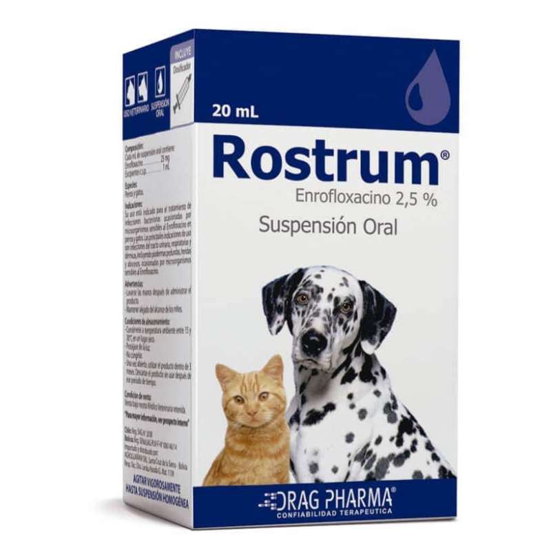 Rostrum Enrofloxacino 2.5% Suspension Oral 20 mL. Antibacteriano amplio espectro para infecciones gastrointestinales, respiratorias y cutáneas en perros y gatos.