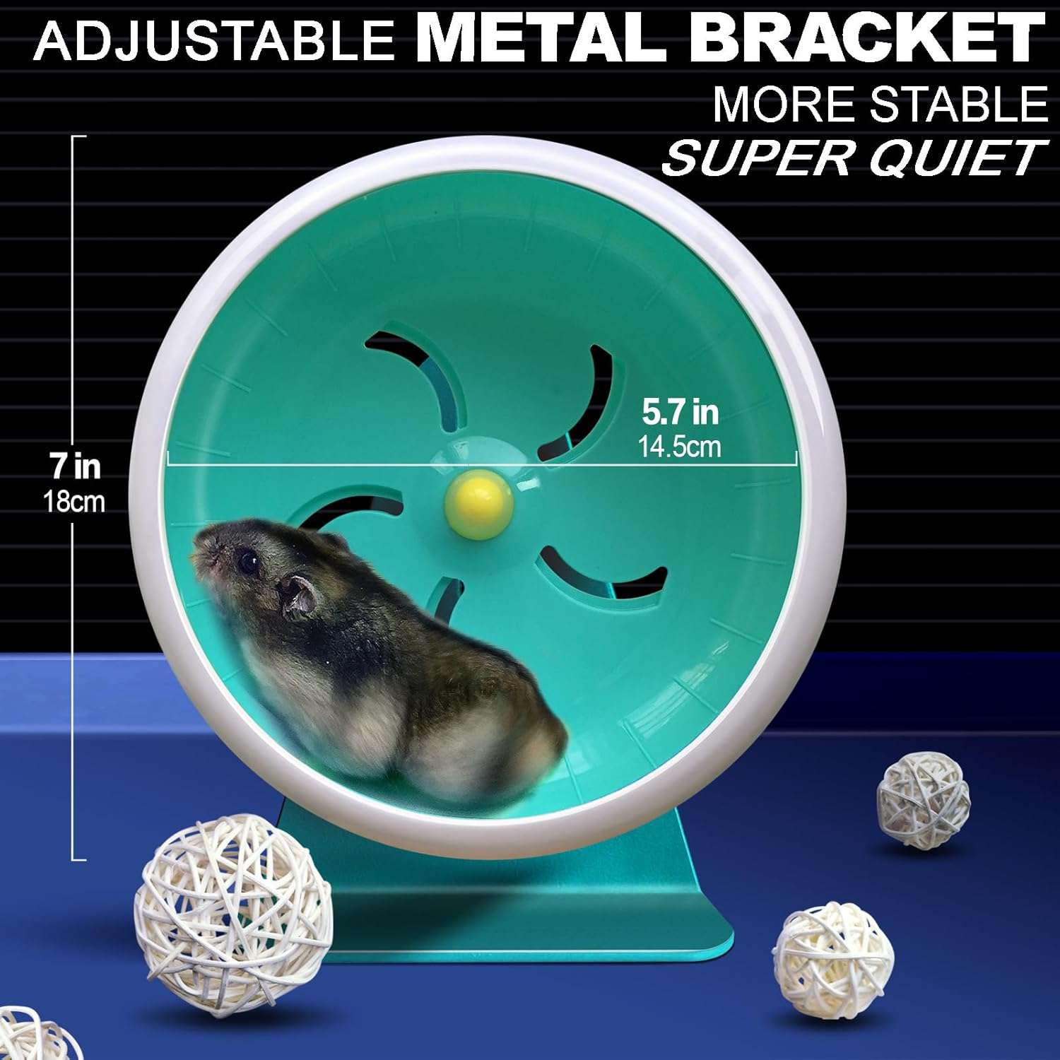 Rueda de ejercicio silenciosa de siete pulgadas con soporte para hamsters y pequeños roedores.