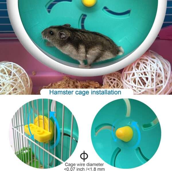 Rueda de Hámster Silenciosa (18 cm). Rueda de Ejercicio para Roedores con Rodamiento Oculto. Soporte y Clip de doble propósito. Material plástico resistente a mordeduras.