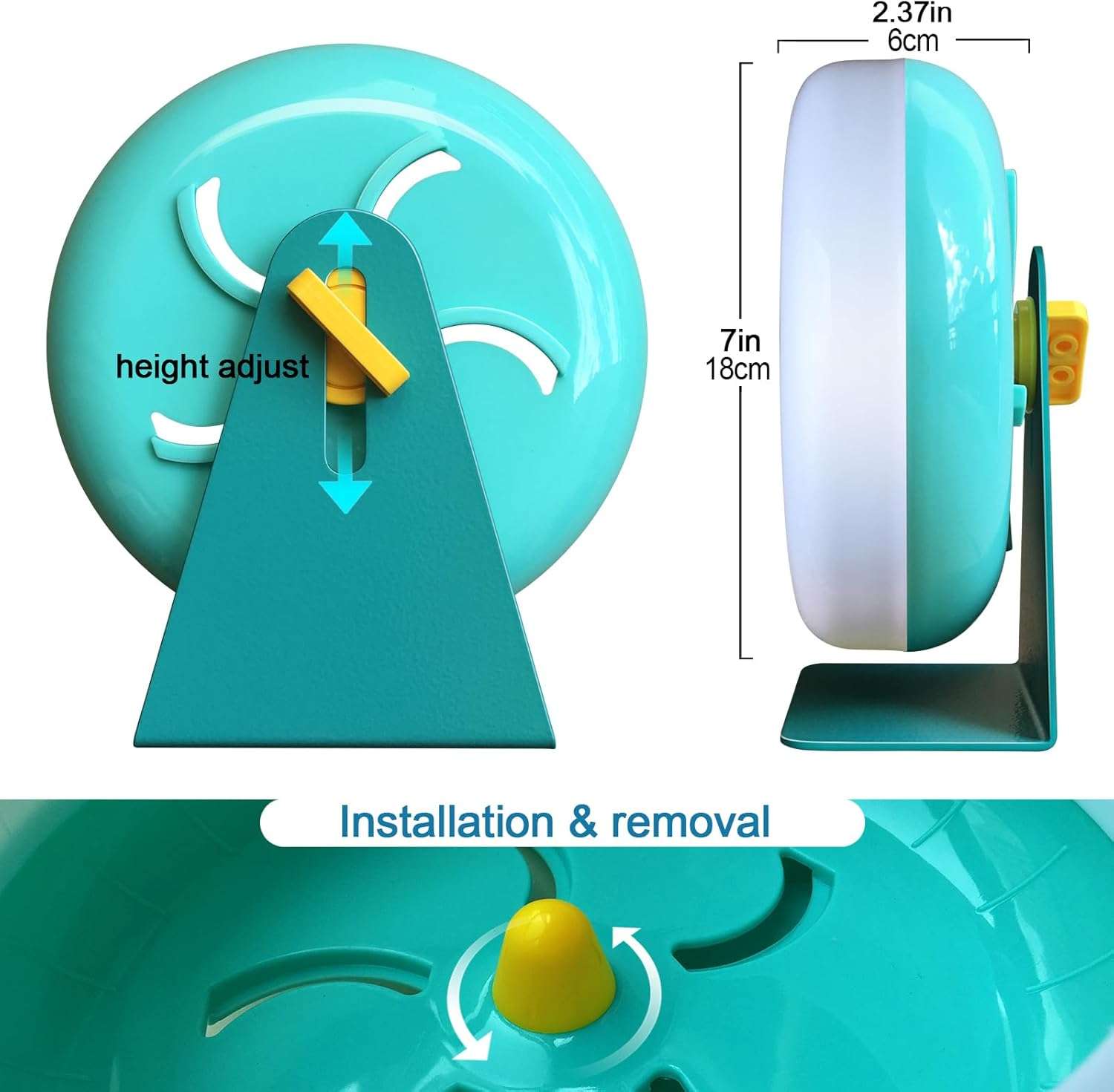 Rueda de ejercicio silenciosa de siete pulgadas con soporte para hamsters y pequeños roedores.