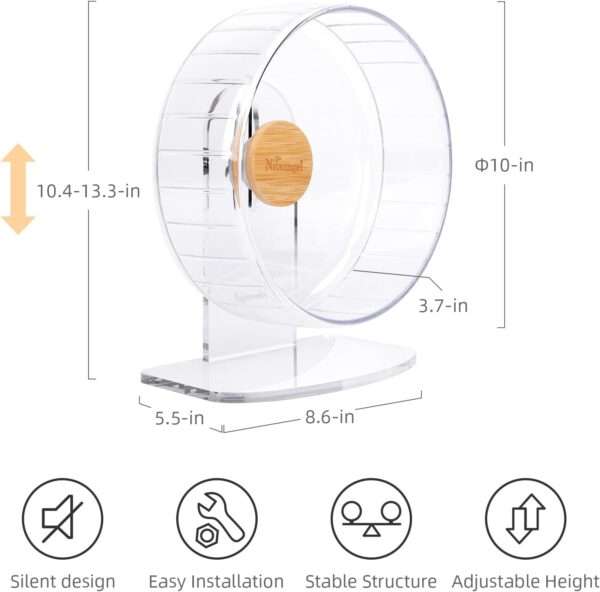 Rueda de Ejercicio Súper Silenciosa para Hámster con Rodamientos Duales. Base acrílica Sólida de alta transparencia y Altura Ajustable.