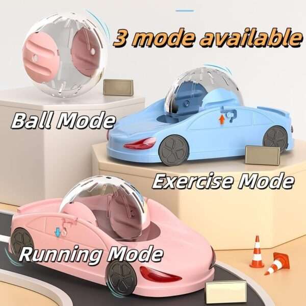 Rueda de Hámster Coche Deportivo 3 en 1. Pelota Desmontable, Modo Entrenamiento Fijo y Carrera. Transpirable para Roedores y fácil de limpiar.
