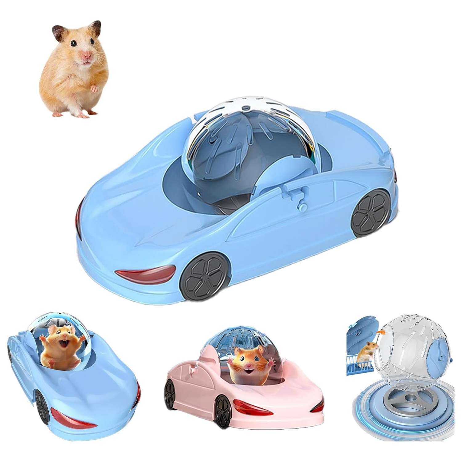 Rueda de Hámster Coche Deportivo 3 en 1. Pelota Desmontable, Modo Entrenamiento Fijo y Carrera. Transpirable para Roedores y fácil de limpiar.