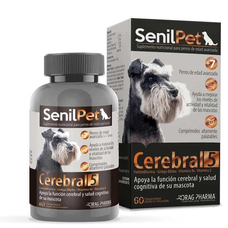 SenilPet Cerebral 5. Suplemento cognitivo para perros senior. Contiene Fosfatidilserina, Ginkgo Biloba y Vitaminas B6 y E. 60 comprimidos.
