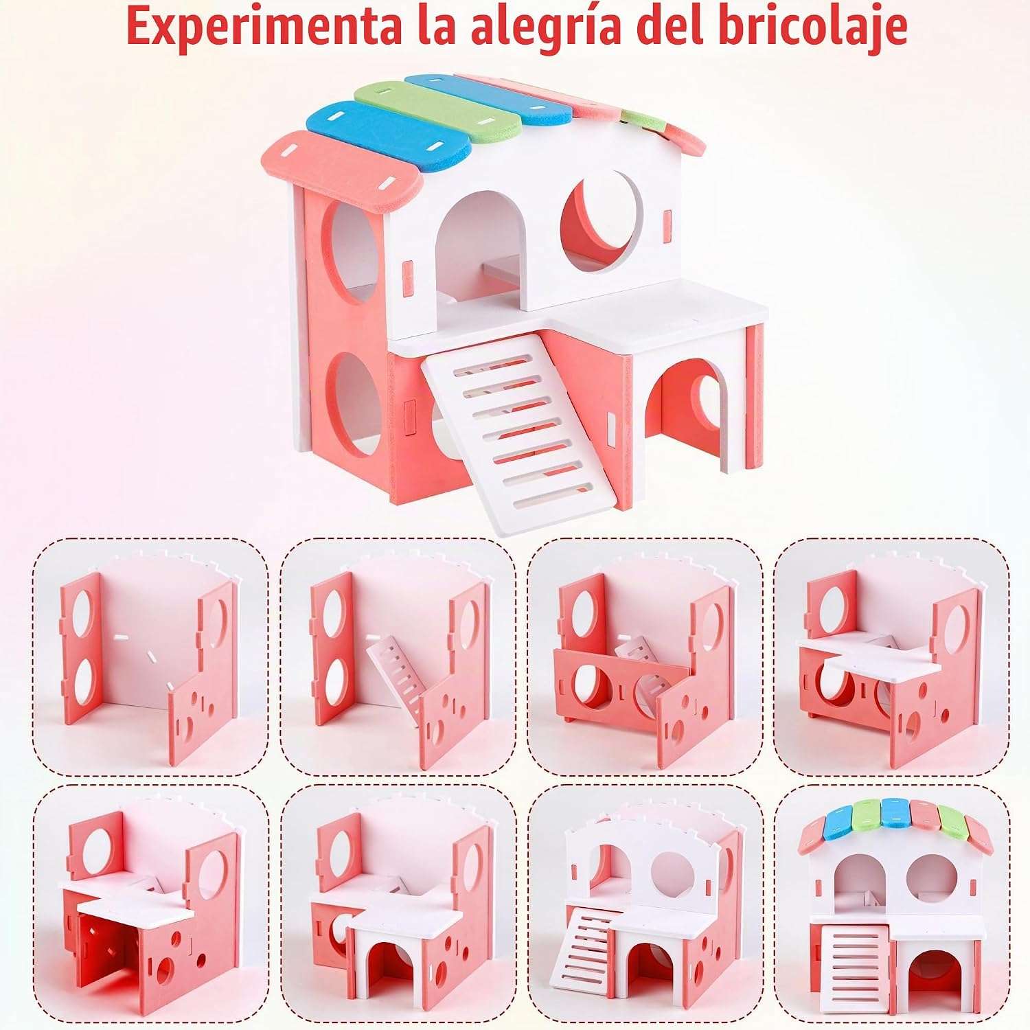 Kit 10 Juguetes de Madera y Plástico de Colores para Hámster y Jerbo. Incluye Balancín, Columpio, Casa y Herramientas Molares Antiestrés.
