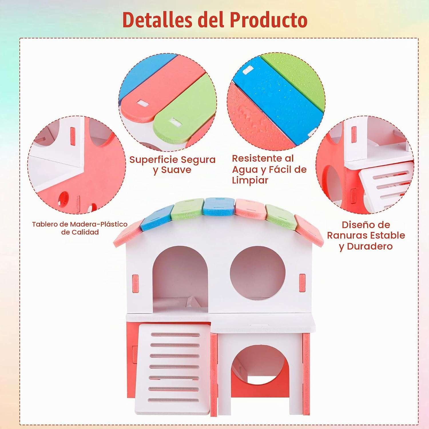 Kit 10 Juguetes de Madera y Plástico de Colores para Hámster y Jerbo. Incluye Balancín, Columpio, Casa y Herramientas Molares Antiestrés.