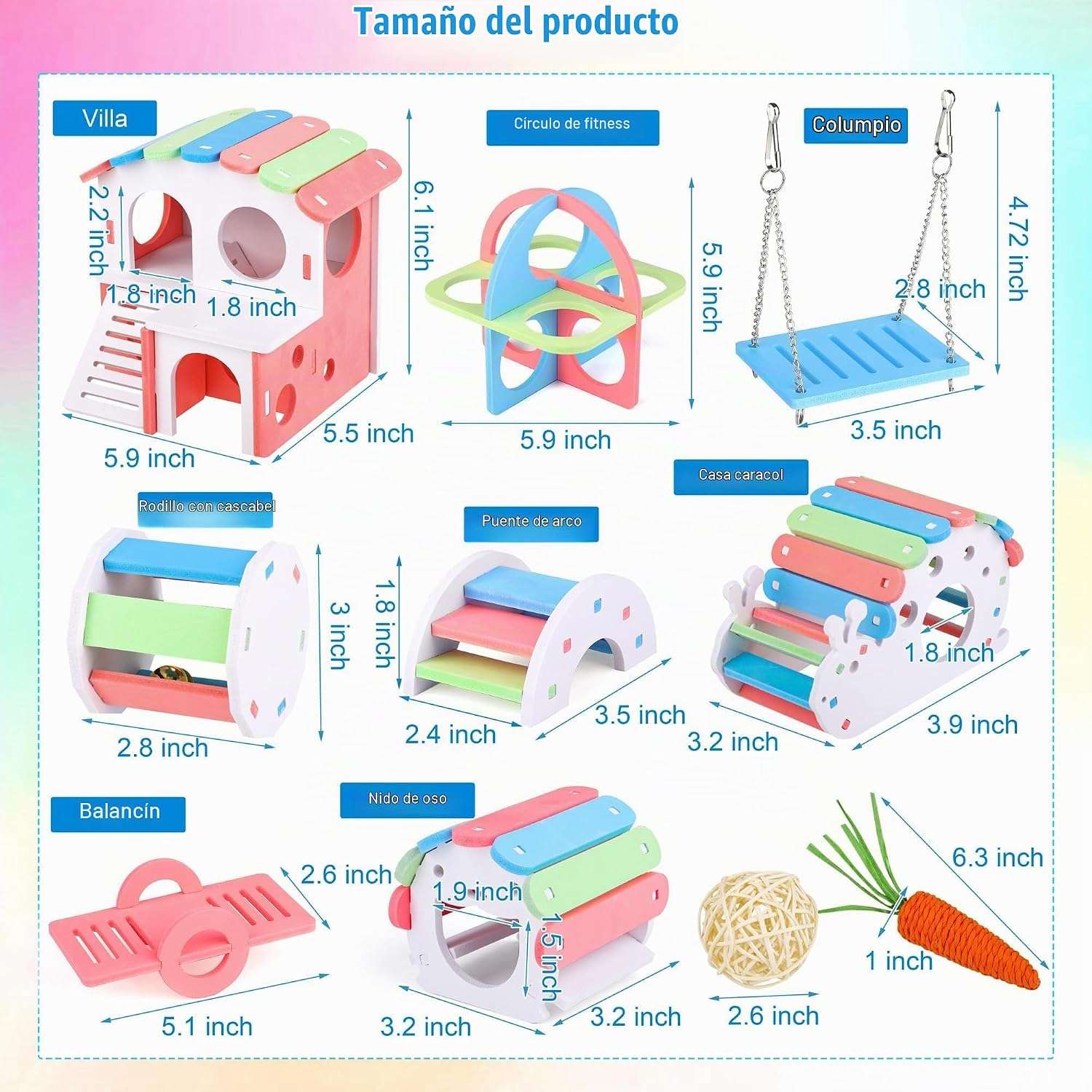 Kit 10 Juguetes de Madera y Plástico de Colores para Hámster y Jerbo. Incluye Balancín, Columpio, Casa y Herramientas Molares Antiestrés.