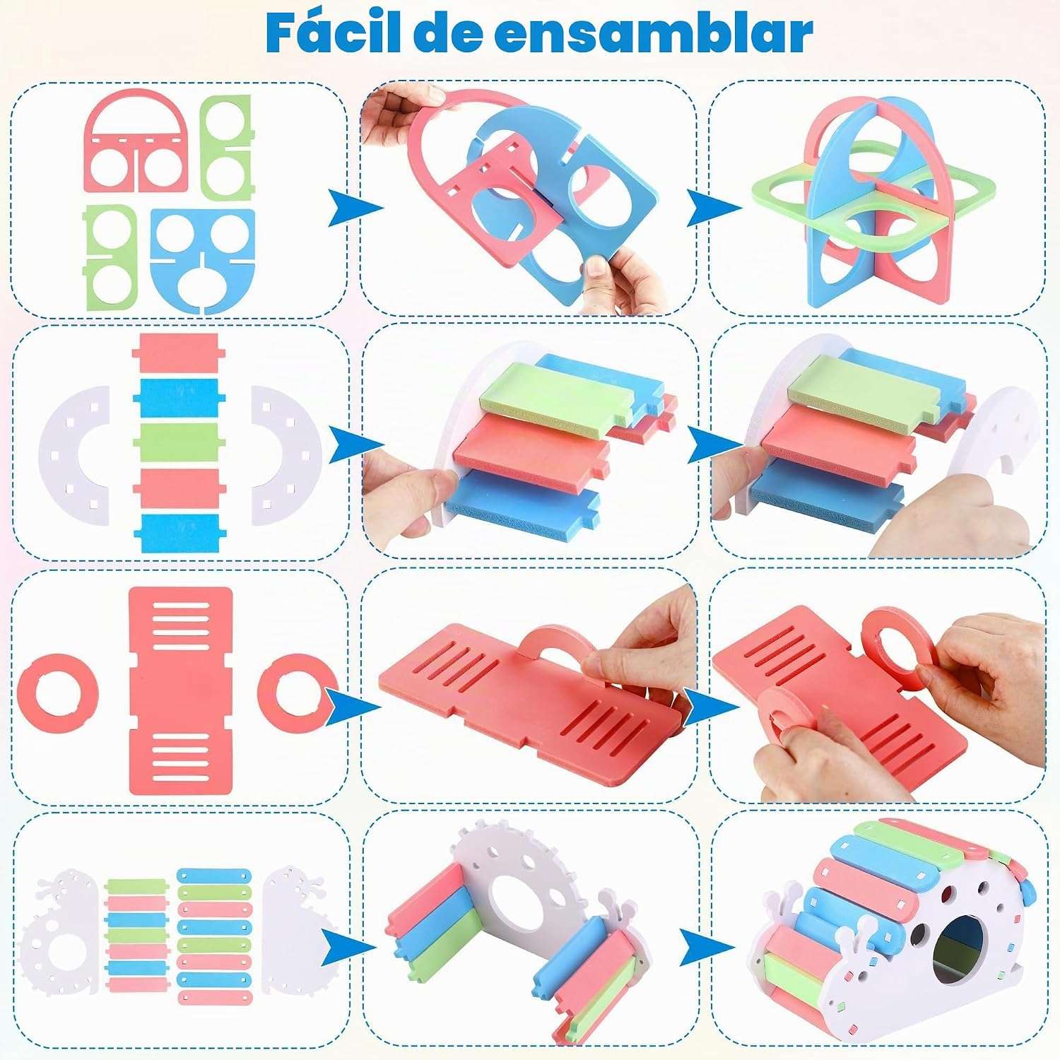 Kit 10 Juguetes de Madera y Plástico de Colores para Hámster y Jerbo. Incluye Balancín, Columpio, Casa y Herramientas Molares Antiestrés.