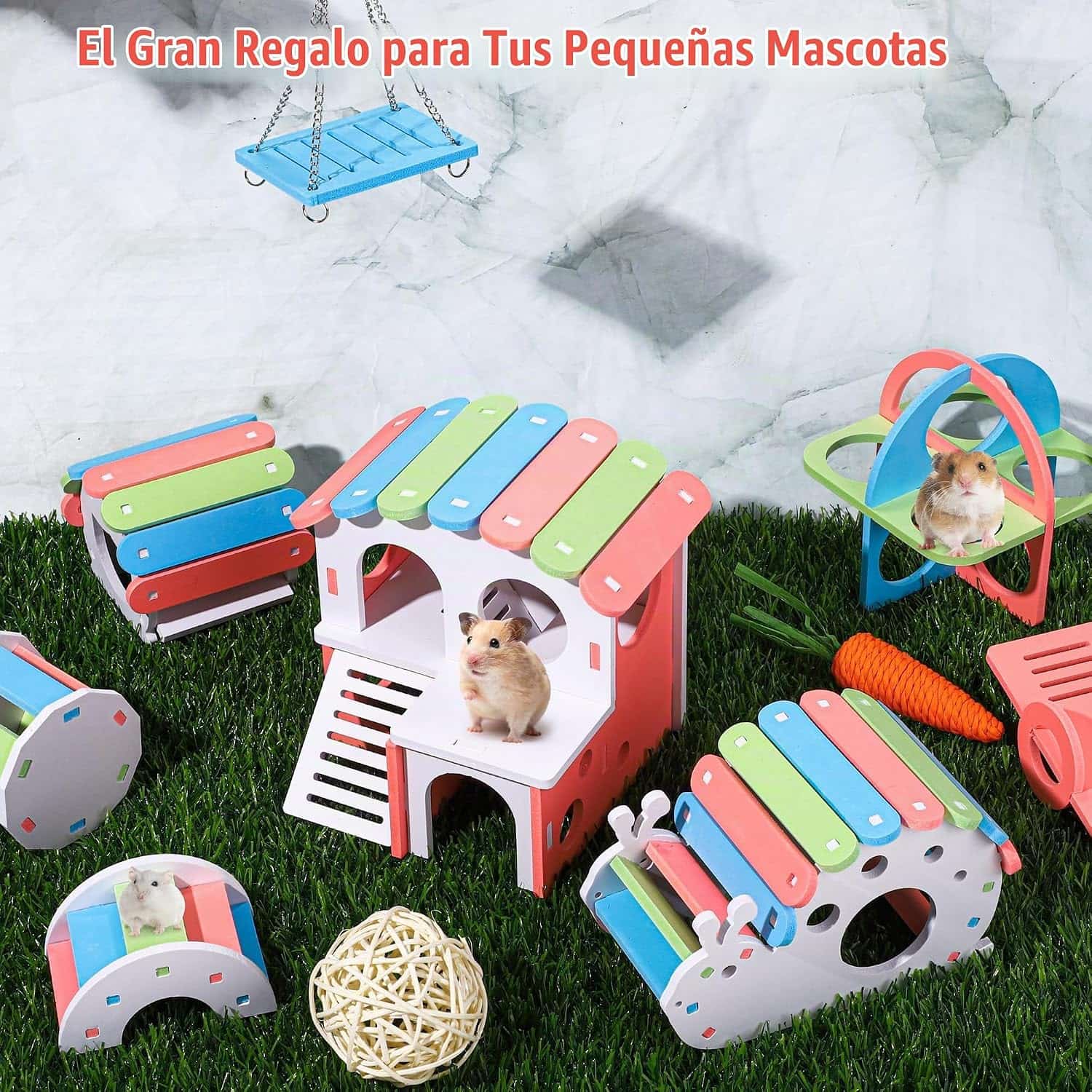 Kit 10 Juguetes de Madera y Plástico de Colores para Hámster y Jerbo. Incluye Balancín, Columpio, Casa y Herramientas Molares Antiestrés.