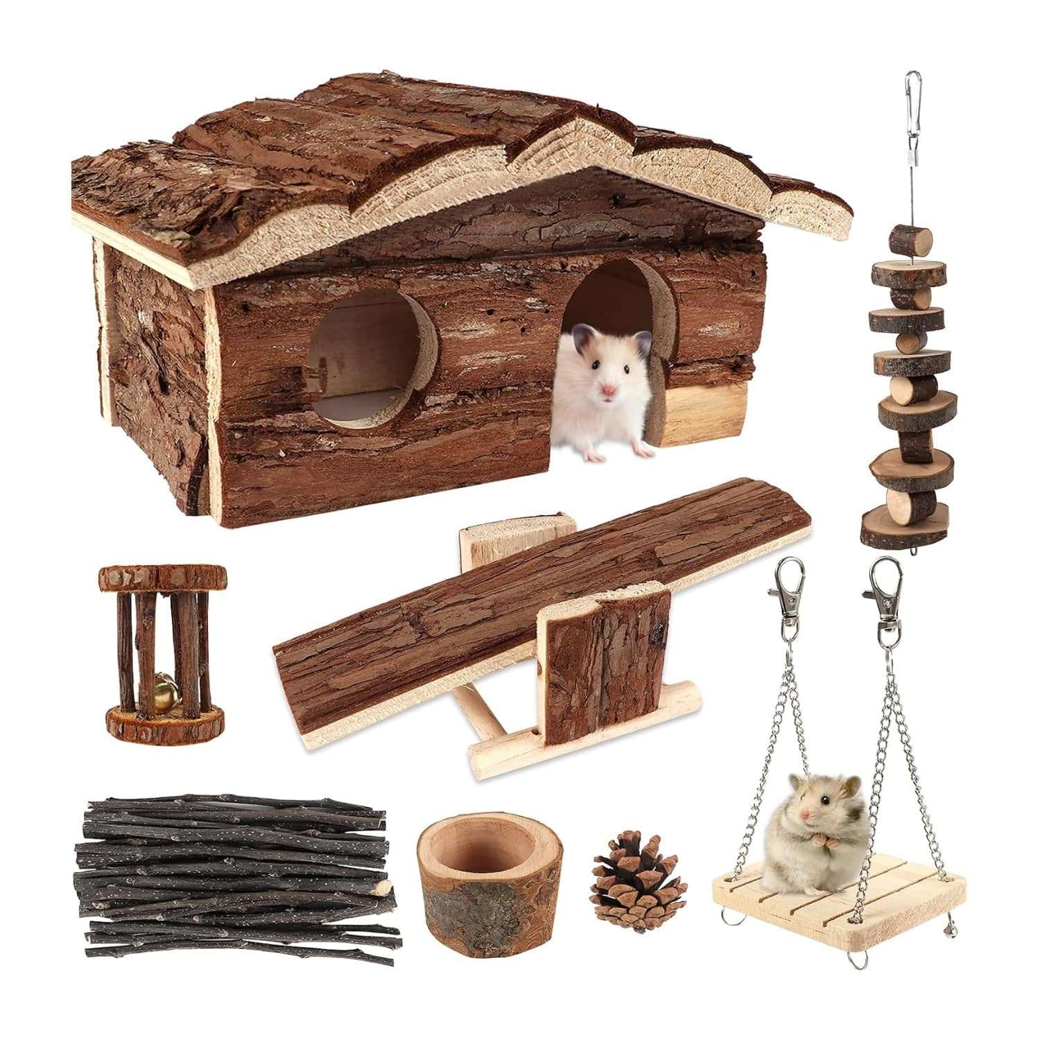 Set 17 Juguetes Molares y Accesorios de Madera Natural para Hámster y Jerbo. Incluye Casa Escondite (21x11x13 cm), columpio y cuenco de comida.