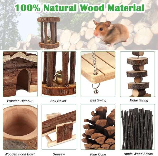Set 17 Juguetes Molares y Accesorios de Madera Natural para Hámster y Jerbo. Incluye Casa Escondite (21x11x13 cm), columpio y cuenco de comida.
