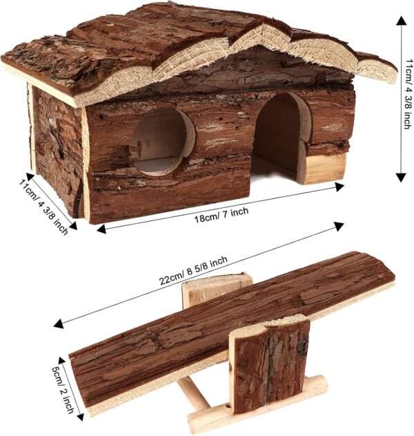 Set 17 Juguetes Molares y Accesorios de Madera Natural para Hámster y Jerbo. Incluye Casa Escondite (21x11x13 cm), columpio y cuenco de comida.