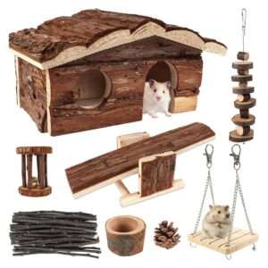 Set 17 Juguetes Molares y Accesorios de Madera Natural para Hámster y Jerbo. Incluye Casa Escondite (21x11x13 cm), columpio y cuenco de comida.