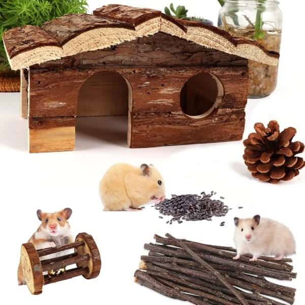 Set 17 Juguetes Molares y Accesorios de Madera Natural para Hámster y Jerbo. Incluye Casa Escondite (21x11x13 cm), columpio y cuenco de comida.
