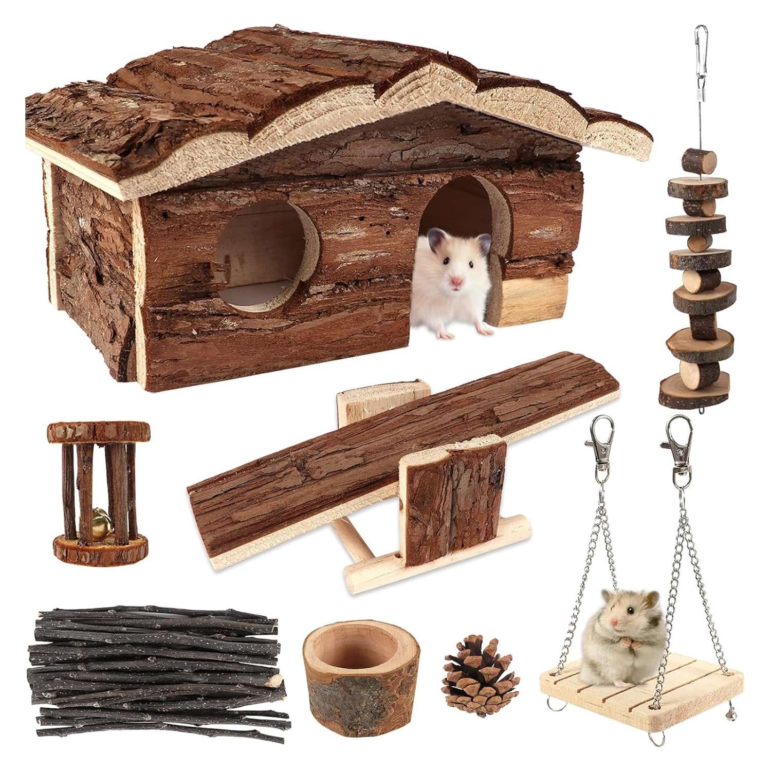 Set 17 Juguetes Molares y Accesorios de Madera Natural para Hámster y Jerbo. Incluye Casa Escondite (21x11x13 cm), columpio y cuenco de comida.