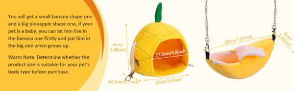 Set 2 camas suaves y colgantes para Hámster y Jerbos. Incluye un nido forma de piña y una hamaca de plátano (7.9"L).