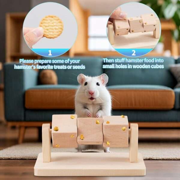Set 3 Juguetes Molares Interactivos de Madera Natural para Hámster. Dispensador de Comida que gira, Antiestrés para roedores y conejos pequeños.