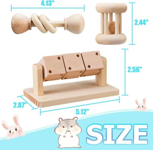 Set 3 Juguetes Molares Interactivos de Madera Natural para Hámster. Dispensador de Comida que gira, Antiestrés para roedores y conejos pequeños.