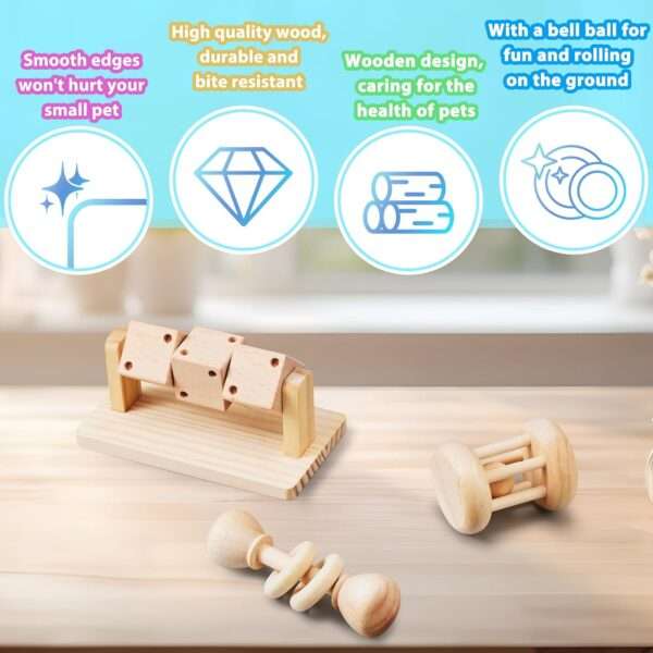 Set 3 Juguetes Molares Interactivos de Madera Natural para Hámster. Dispensador de Comida que gira, Antiestrés para roedores y conejos pequeños.