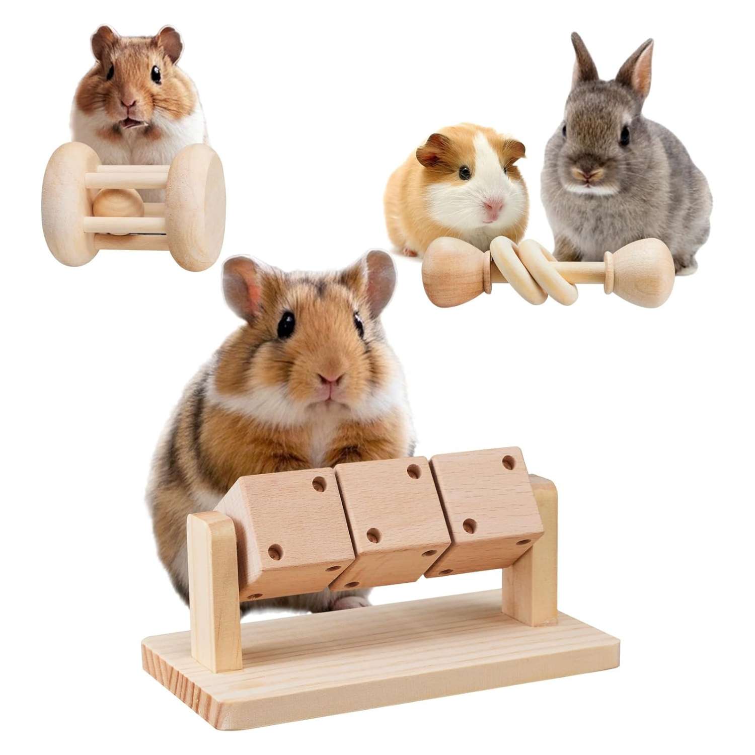 Set 3 Juguetes Molares Interactivos de Madera Natural para Hámster. Dispensador de Comida que gira, Antiestrés para roedores y conejos pequeños.