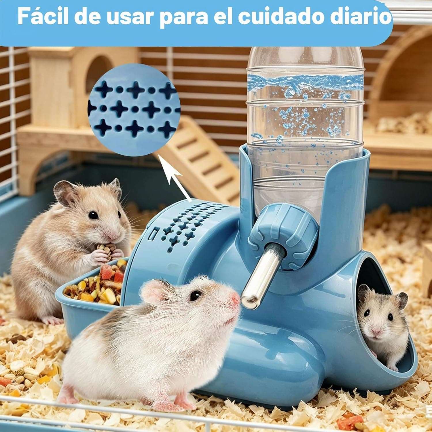 Set 3 en 1 Hámster: Bebedero Automático Antigoteo (118 ml), Comedero y Base Refugio o Escondite. Material de Grado Alimenticio.
