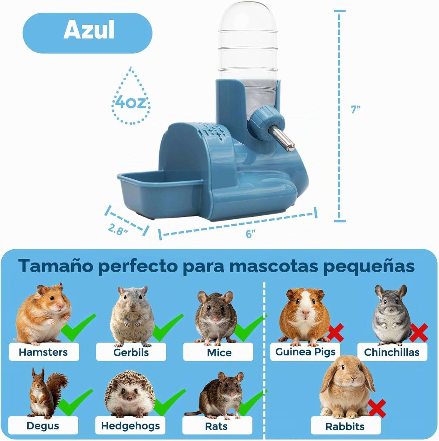 Set 3 en 1 Hámster: Bebedero Automático Antigoteo (118 ml), Comedero y Base Refugio o Escondite. Material de Grado Alimenticio.